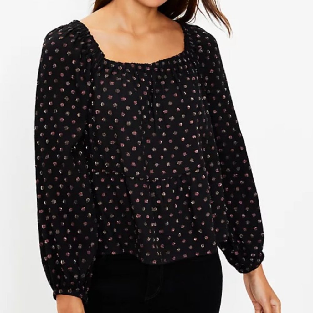 NWT Ann Taylor LOFT Shimmer Dot Square Neck Peplum Blouse XL